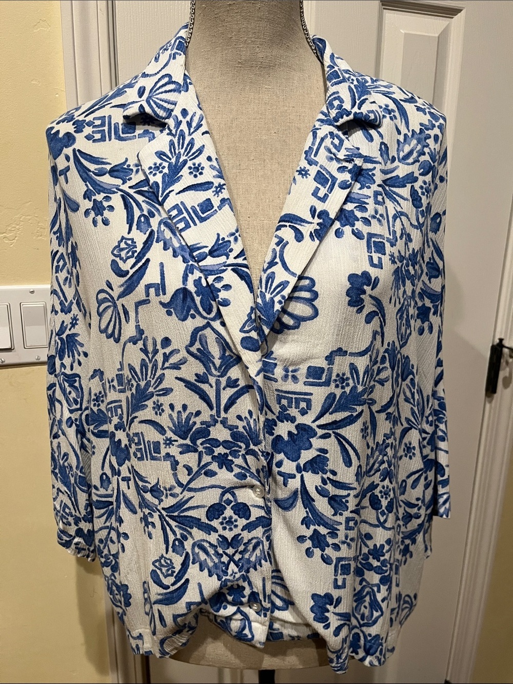 H&M White Blouse with Blue Floral Print
